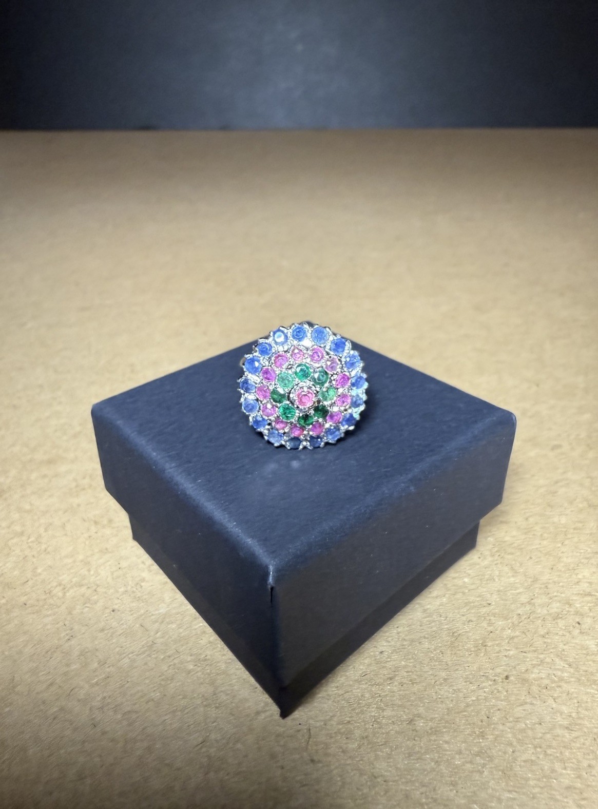 Attractive Vintage Natural Emerald Ruby & Sapphire 925 Sterling Silver Ring 7.25