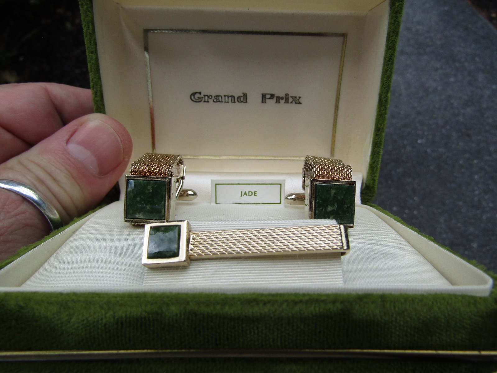 Swank Grand Prix Vintage Cufflinks Tie Bar Set Green Jade New Cuff Links