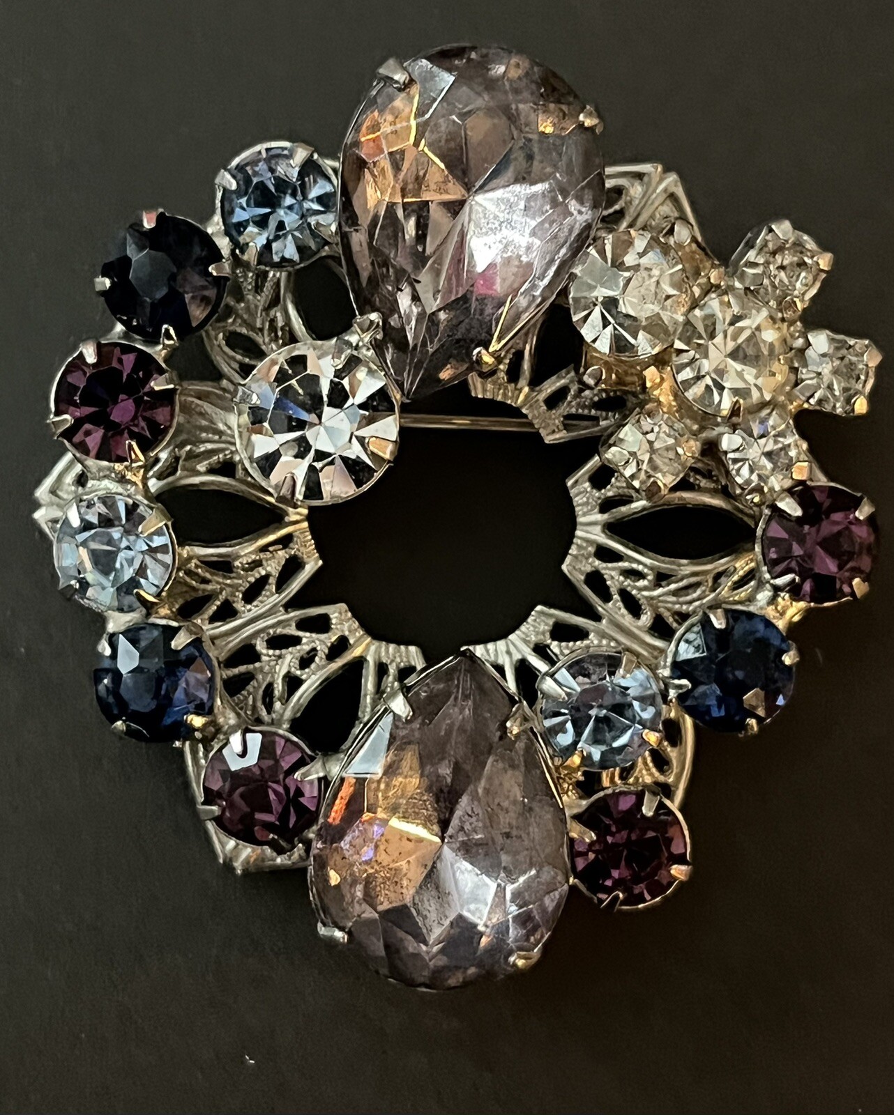Vintage Blue Purple Rhinestone Silver Tone Prong Set Statement Brooch Pin