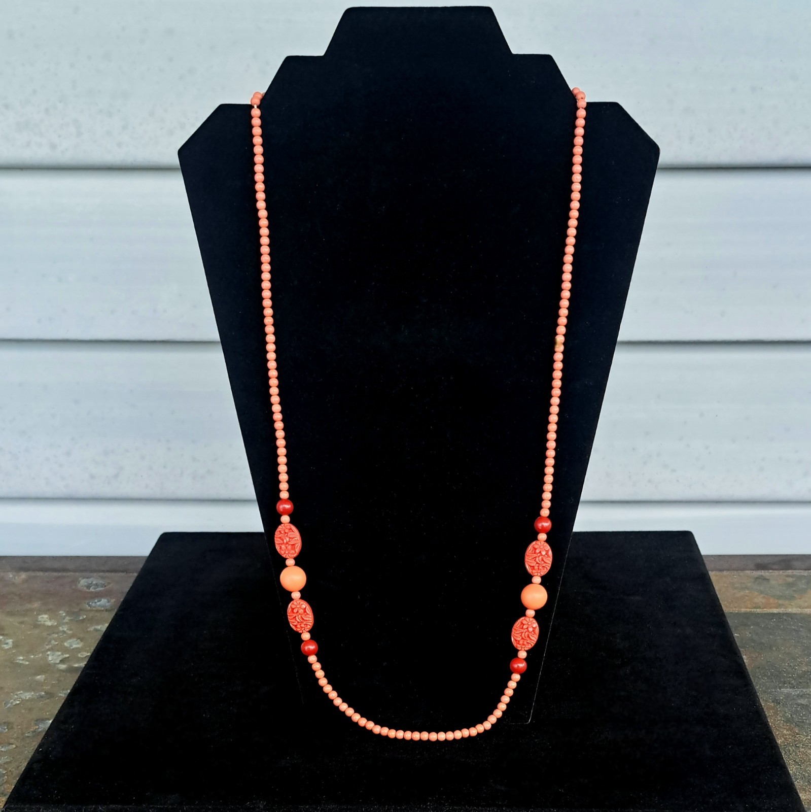 Vintage 30″ Faux Coral Necklace Pink Peach Salmon Color—Art Deco Nouveau MCM