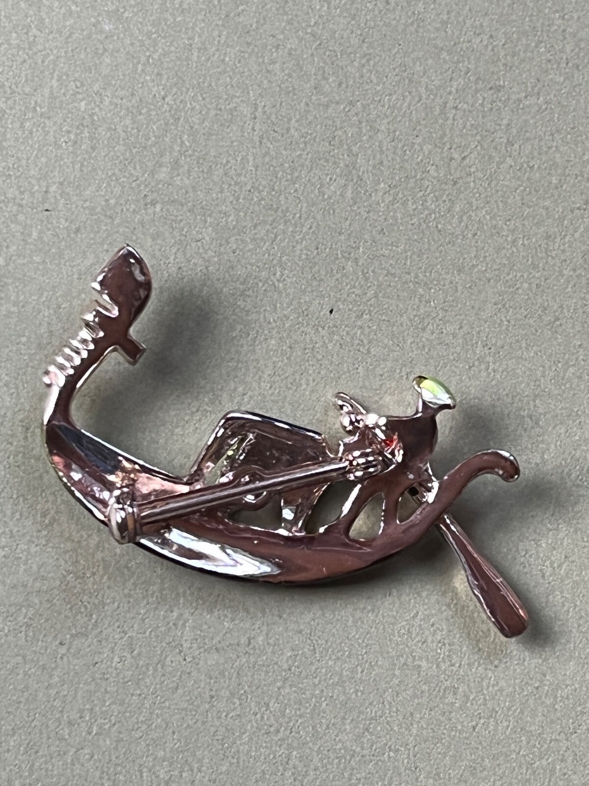 Vintage LIme Green Black & Red Enamel Asian Fishing Boat Figural w Clear Rhinest