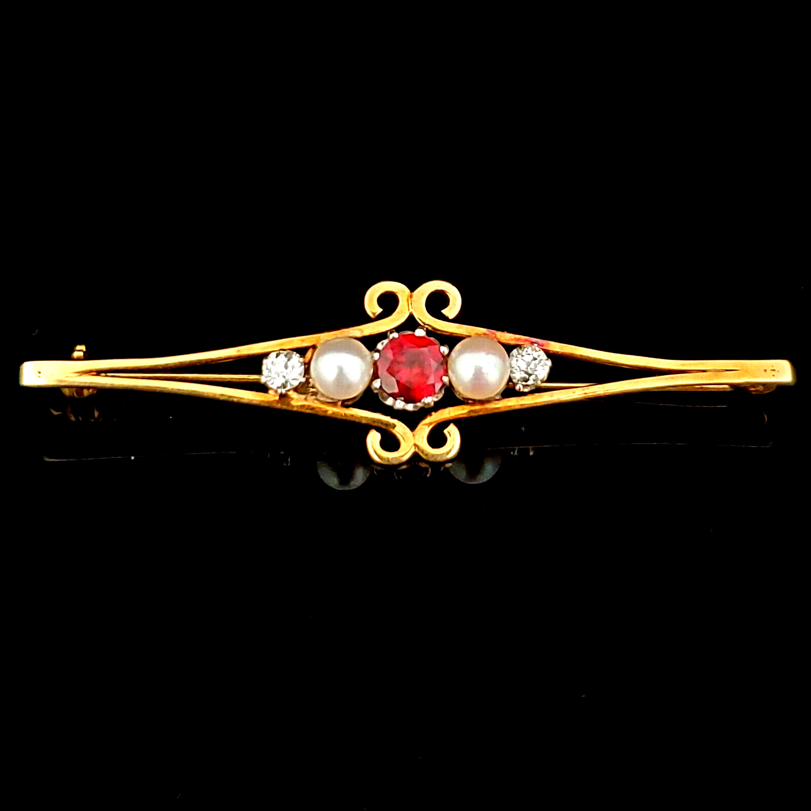 Antique Garnet Old European Cut Diamonds Pearls 14k Yellow Gold Brooch Pin 4.9g