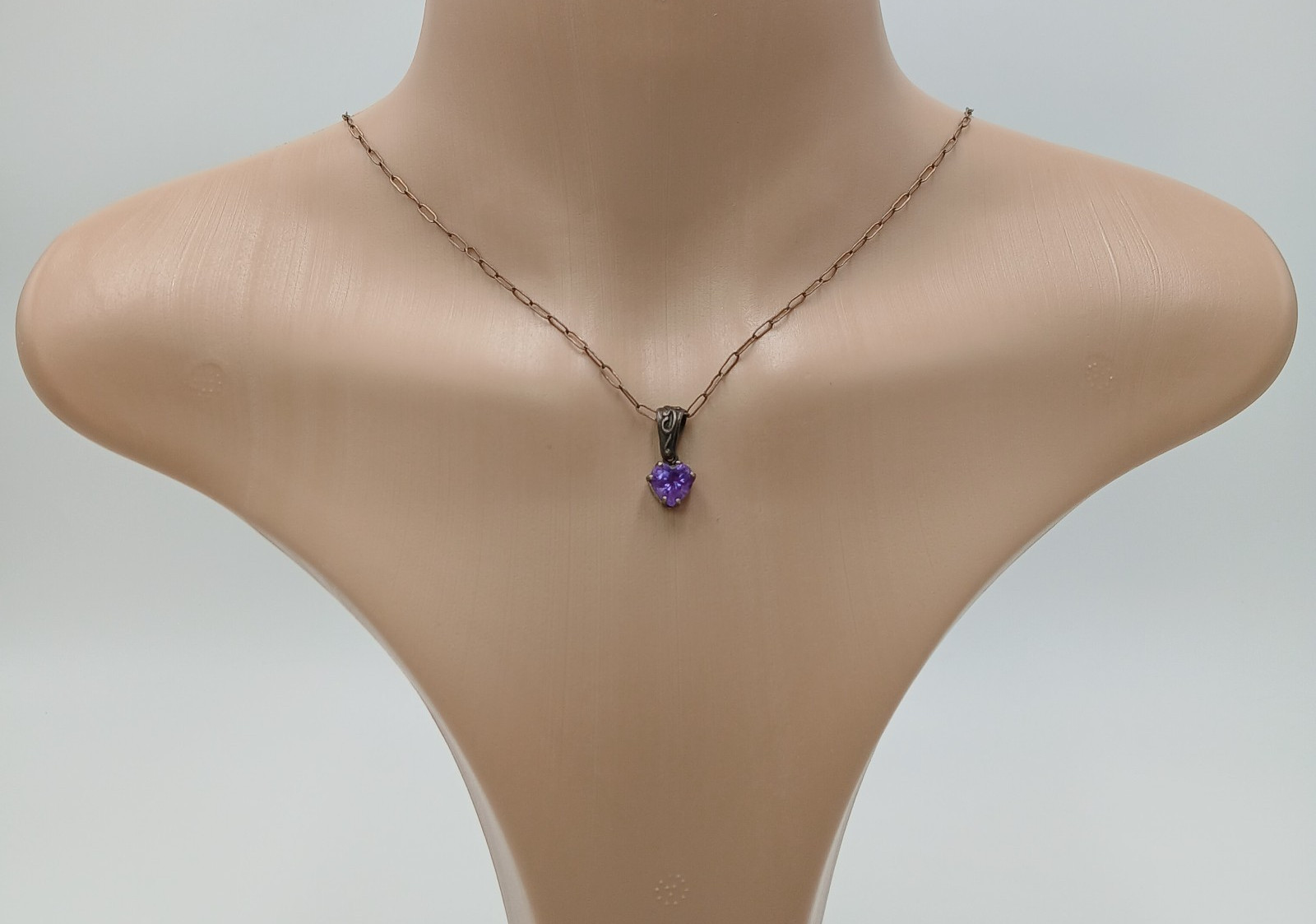 VTG 925 Amethyst CZ Heart Pendant Necklace 24in Sterling Silver 4gtw Scroll Bail