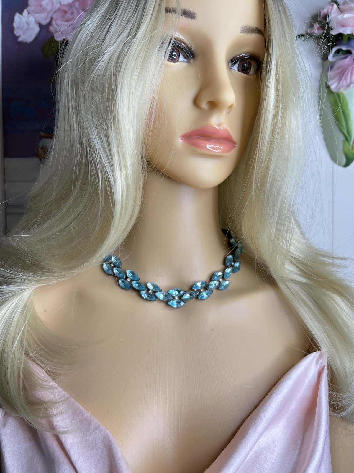 Vintage Aqua Rhinestone Pot Metal Rivière Necklace Not Signed