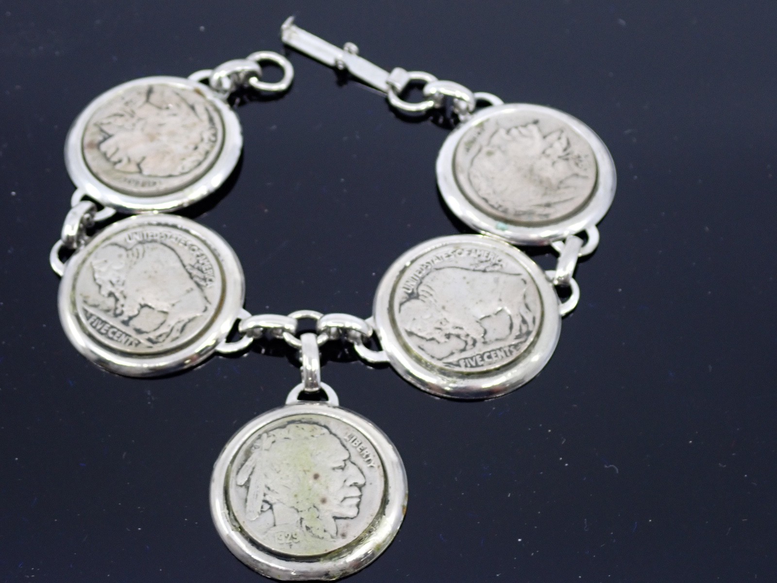 Vintage 1929 Buffalo Nickel Coin Bracelet Handcrafted Silver Tone Mounts