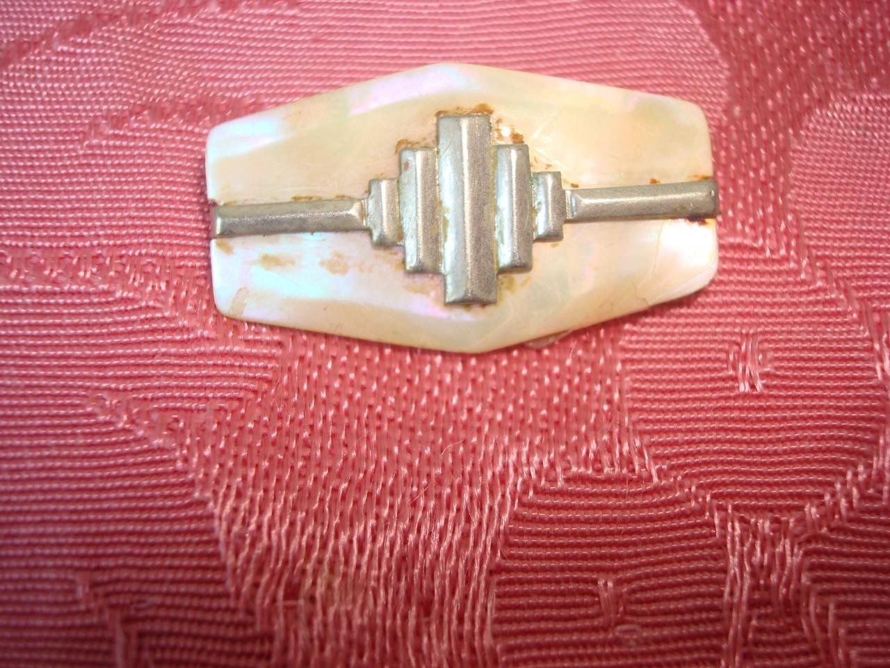 Vintage Art Deco Mother of Pearl Shell and Chrome Pin Brooch 3/4 x 1 1/4 In. KJ