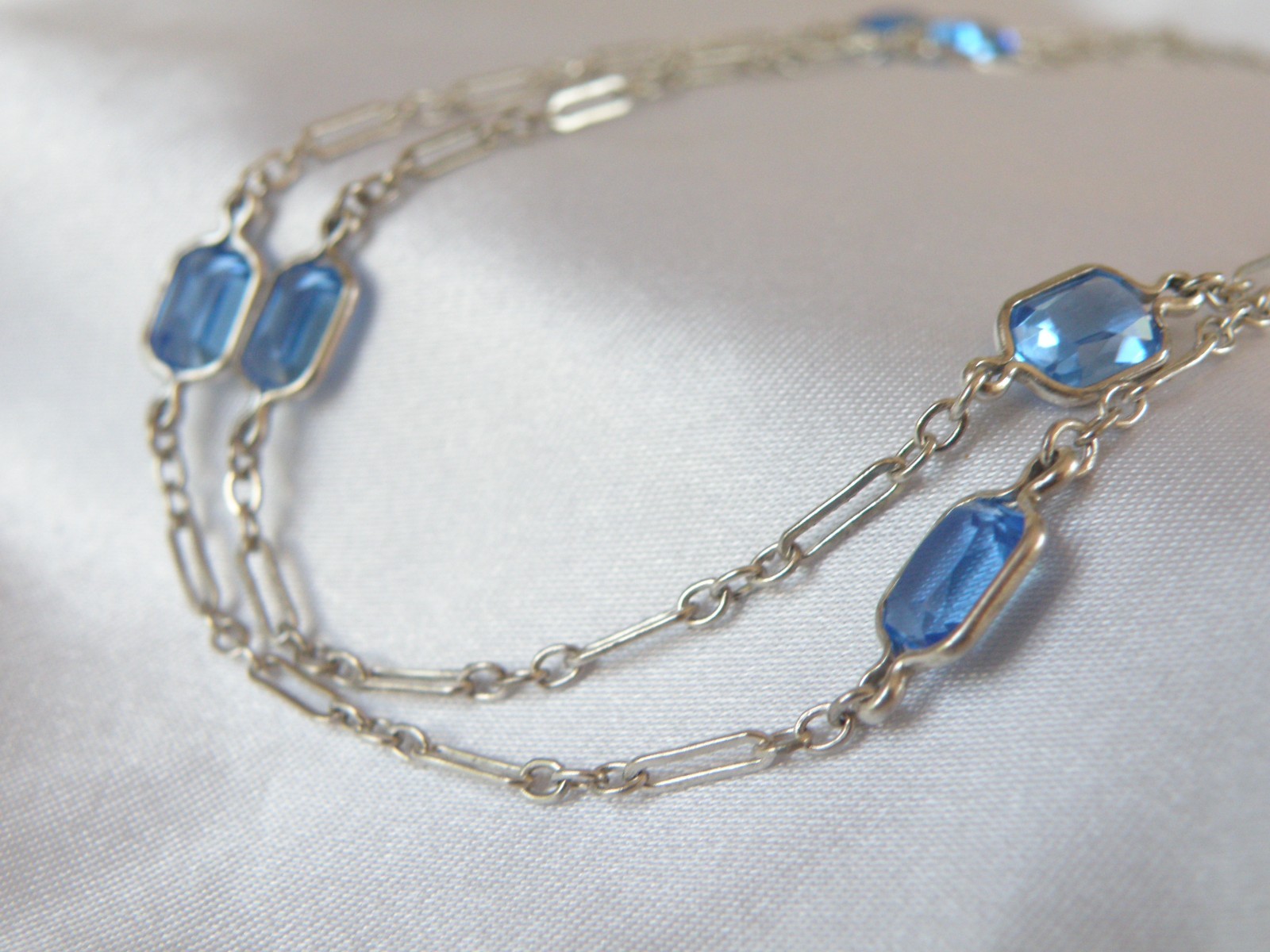 Antique Sterling Silver 925 Blue Gemstone Station Vintage Paperclip Necklace 25″