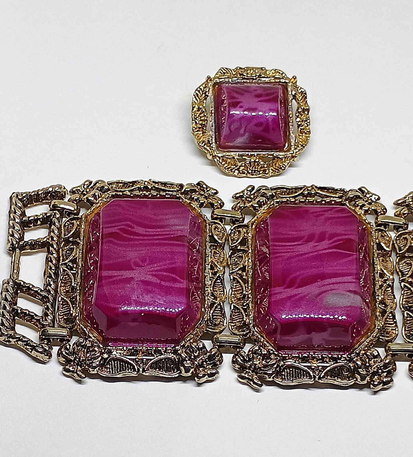 Vintage Purple Thermoset Lucite Chunky Wide Link Bangle Bracelet Earring Set