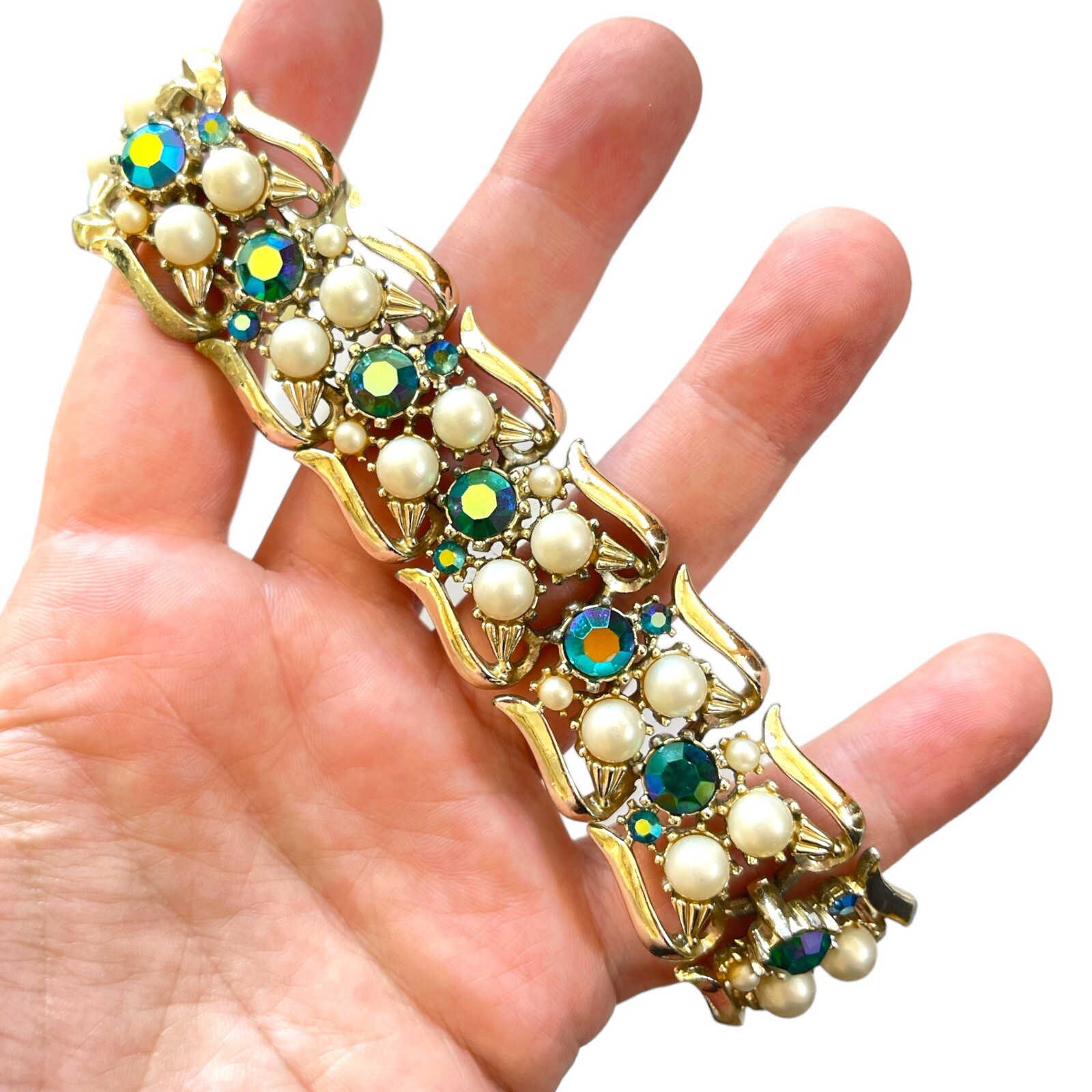 Vintage Jewelcraft Rhinestones & Faux Pearls Bracelet Dark Green AB