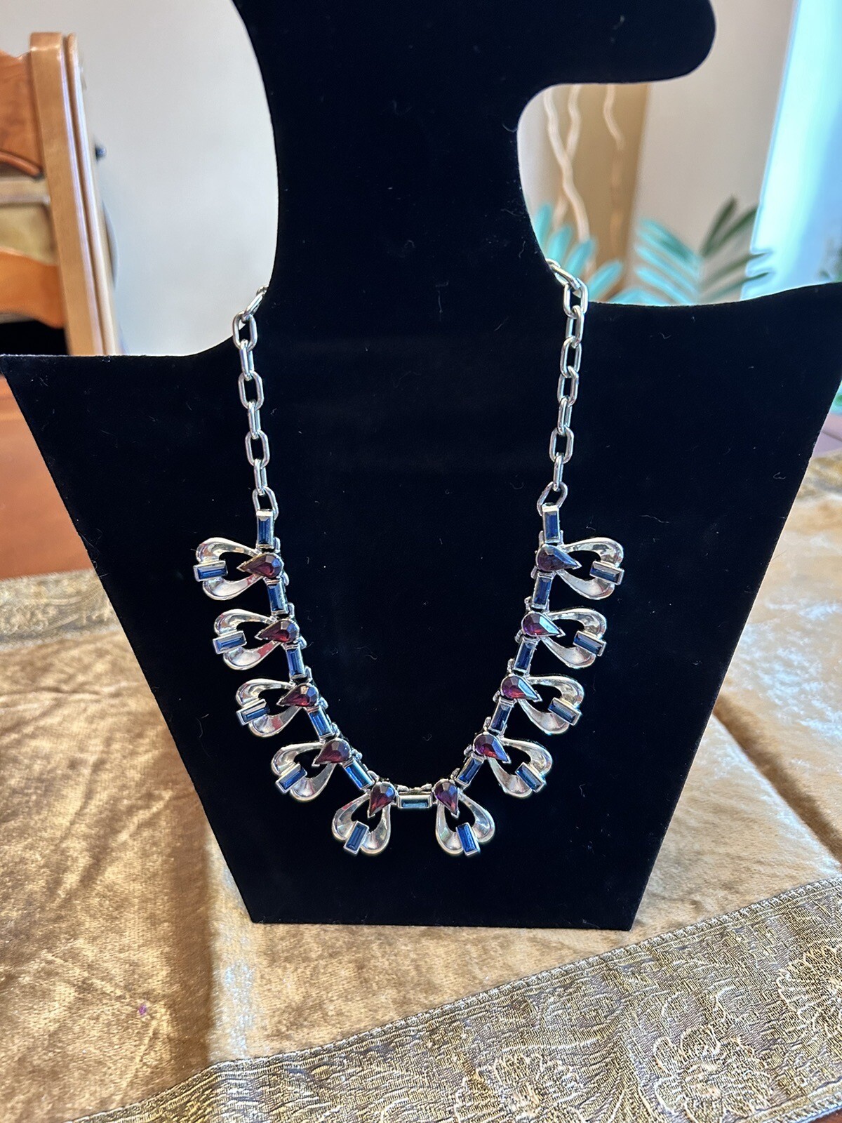 Vintage Costume Necklace Silver-tone with Blue and Purple Adjustable Hook