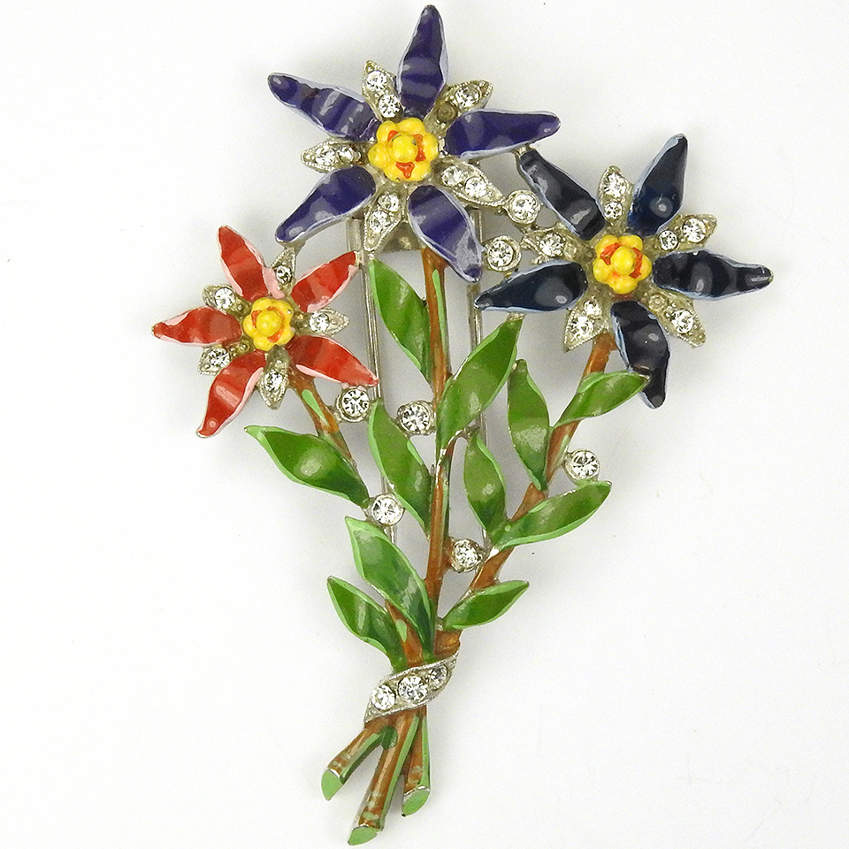 Trifari ‘Alfred Philippe’ Red Violet and Blue Enamelled Star Flowers Pin Clip
