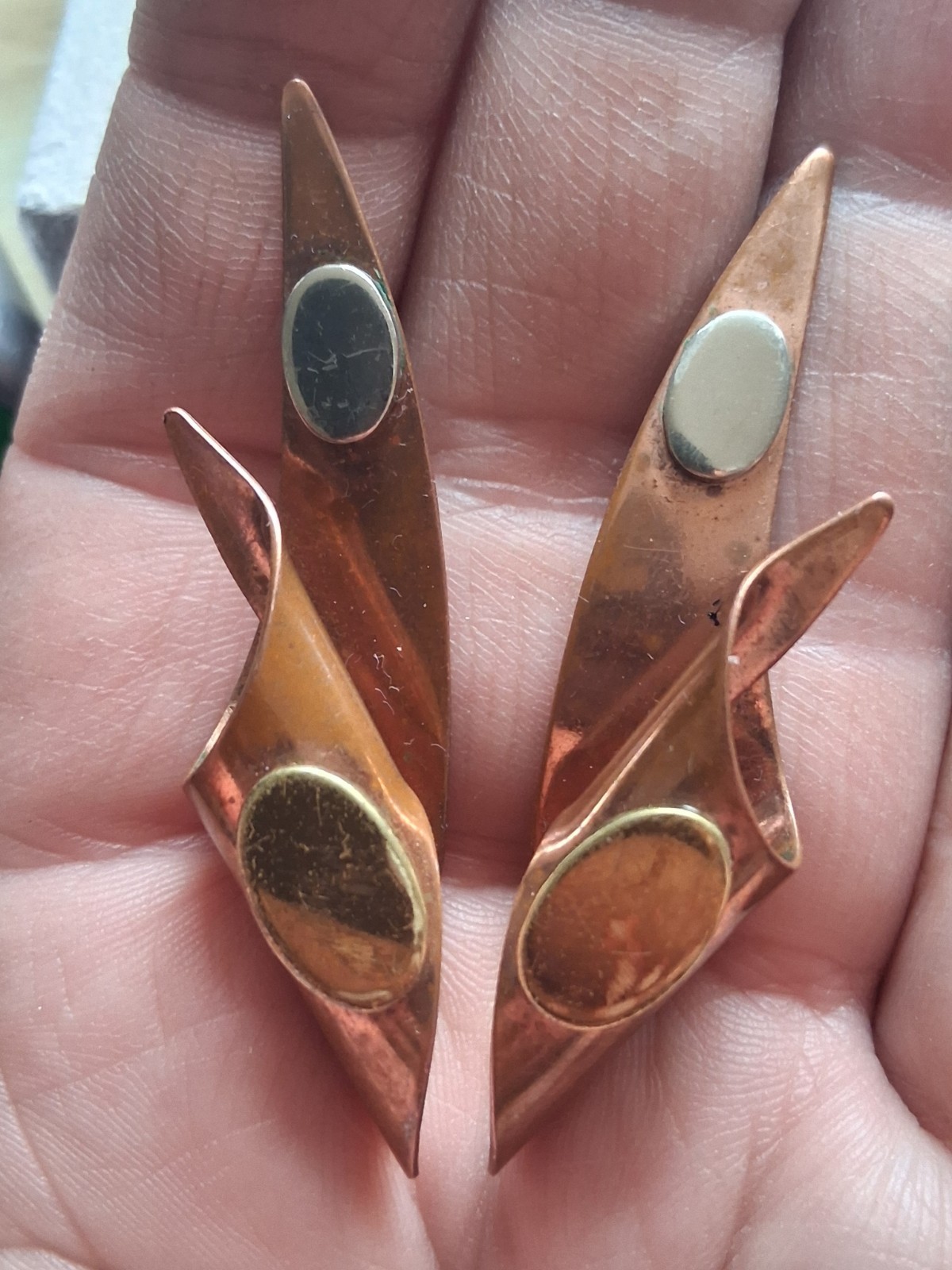 Mid century modern MCM copper abstract mixed metal large earrings