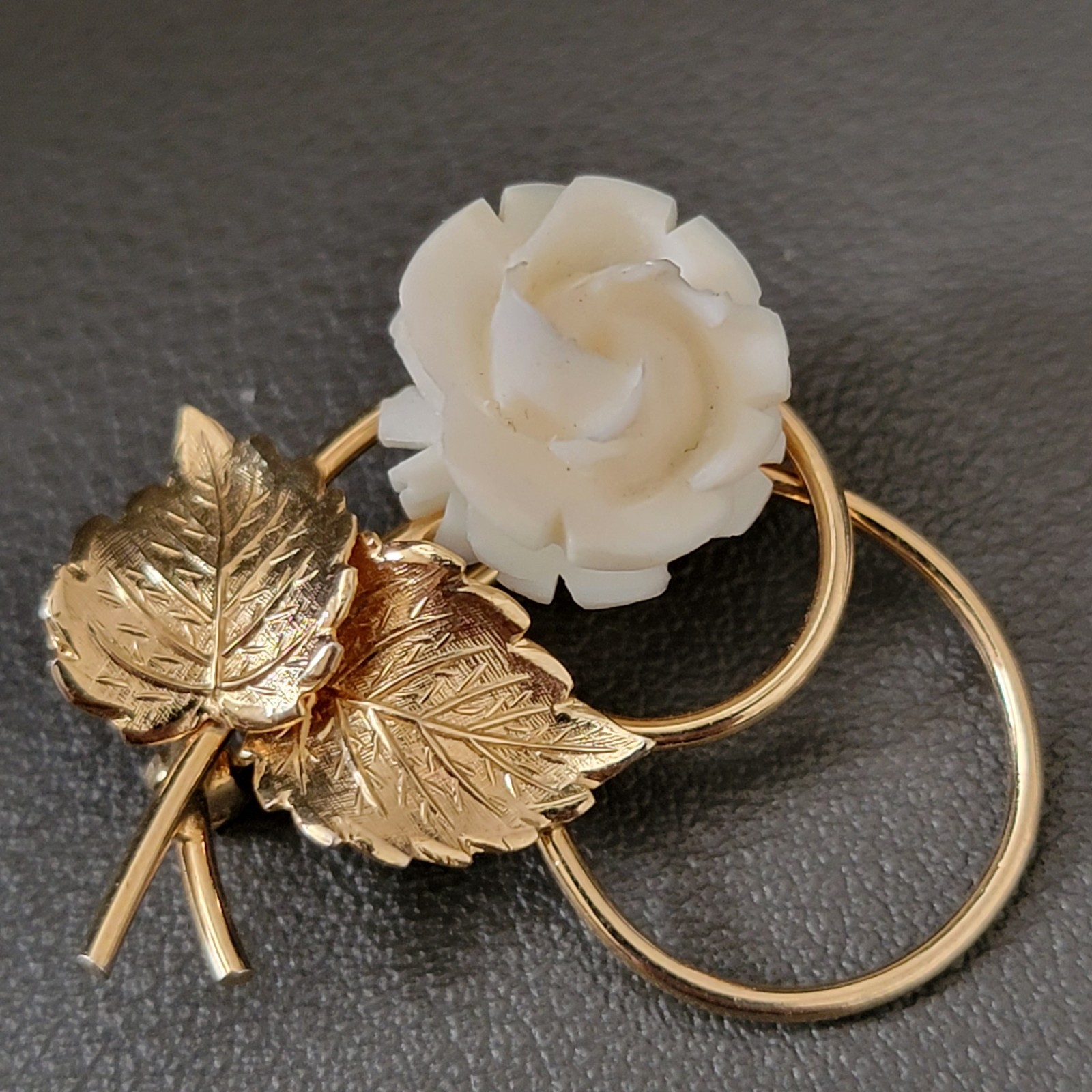 Vintage 1/20 12K Gold Filled Carved Rose Flower Leaf Brooch Pin Signed GF AC