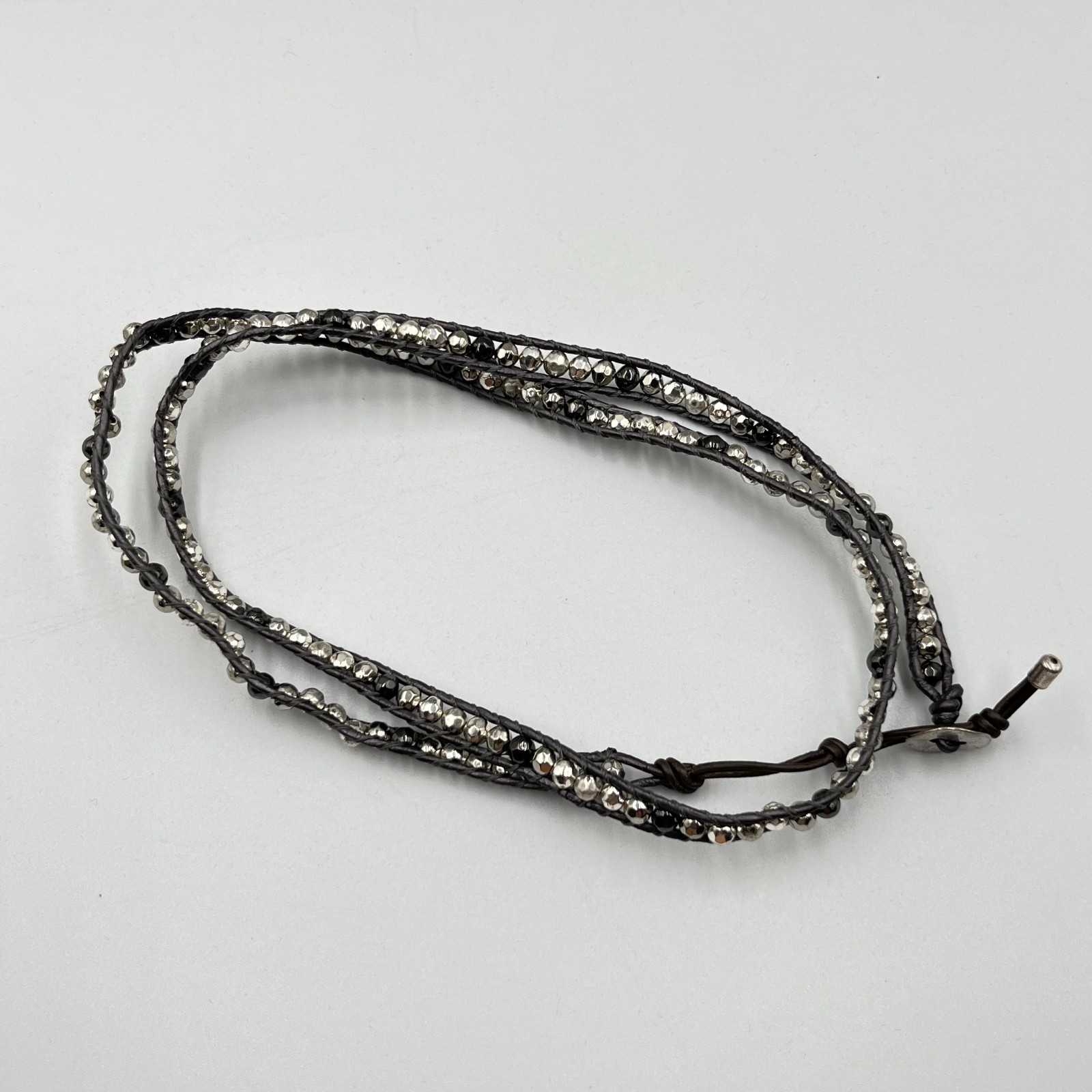 Vintage Boho Silver Mixed Bead Brown Leather Wrap Necklace Bracelet Adjustable
