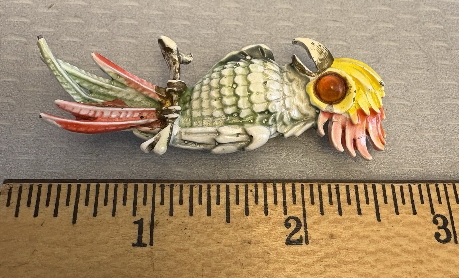Vintage Enamel Cockatoo Parrot Bird Brooch Colorful Amber Glass Cabochon Eye
