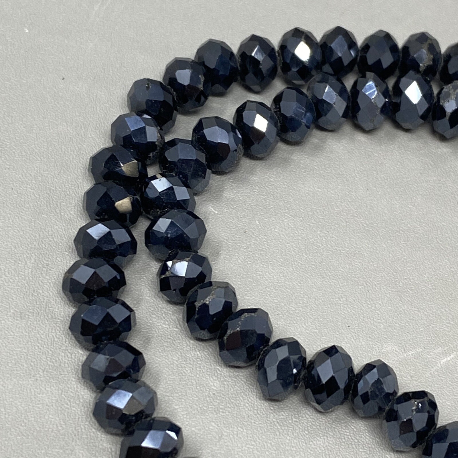 Blue Glass Bead Necklace Iridescent Round Faceted Dark Fire Polished Collar 18″