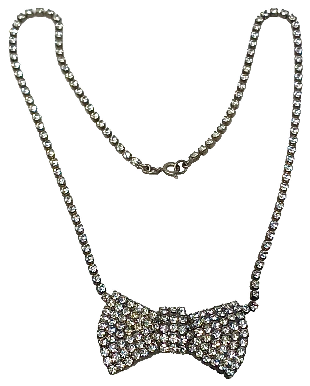 1960’s Rhinestone Bow Necklace Silver Tone Vintage Statement 17.5 in #J11-Pu