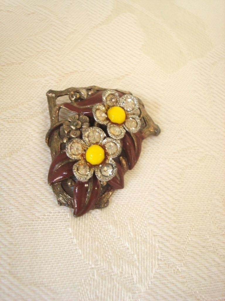 Art Deco New England Glass Works Dress Clip Rhinestone Flowers Brown Leaves KJ