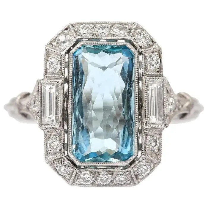 4.98Ct Art Deco Style Emerald Cut Lab-Created Aquamarine 14K White Gold FN Ring