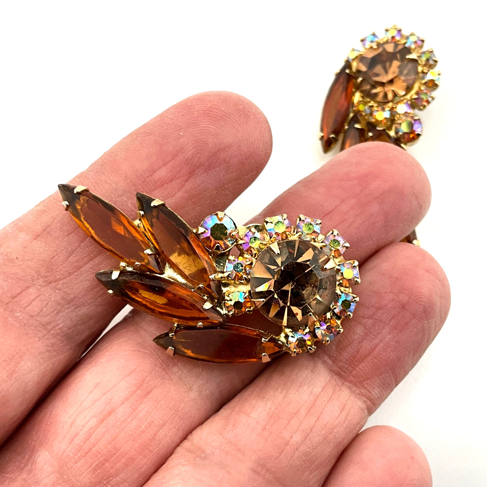 Vintage Mid Century Modern Crystal Clip Earrings Amber Navette Aurora Borealis