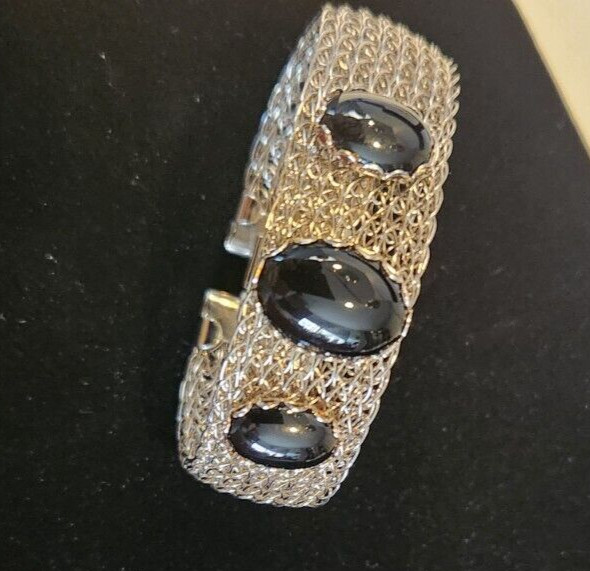 Vintage Silver Tone Mesh Cuff Bracelet with Black Onyx Cabochons 7 in.