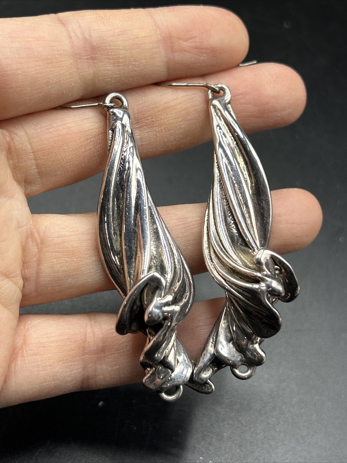 Dangle Pierced 3″ Brutalist HandCrafted Sterling Silver 925 Earrings ISRAEL 14g