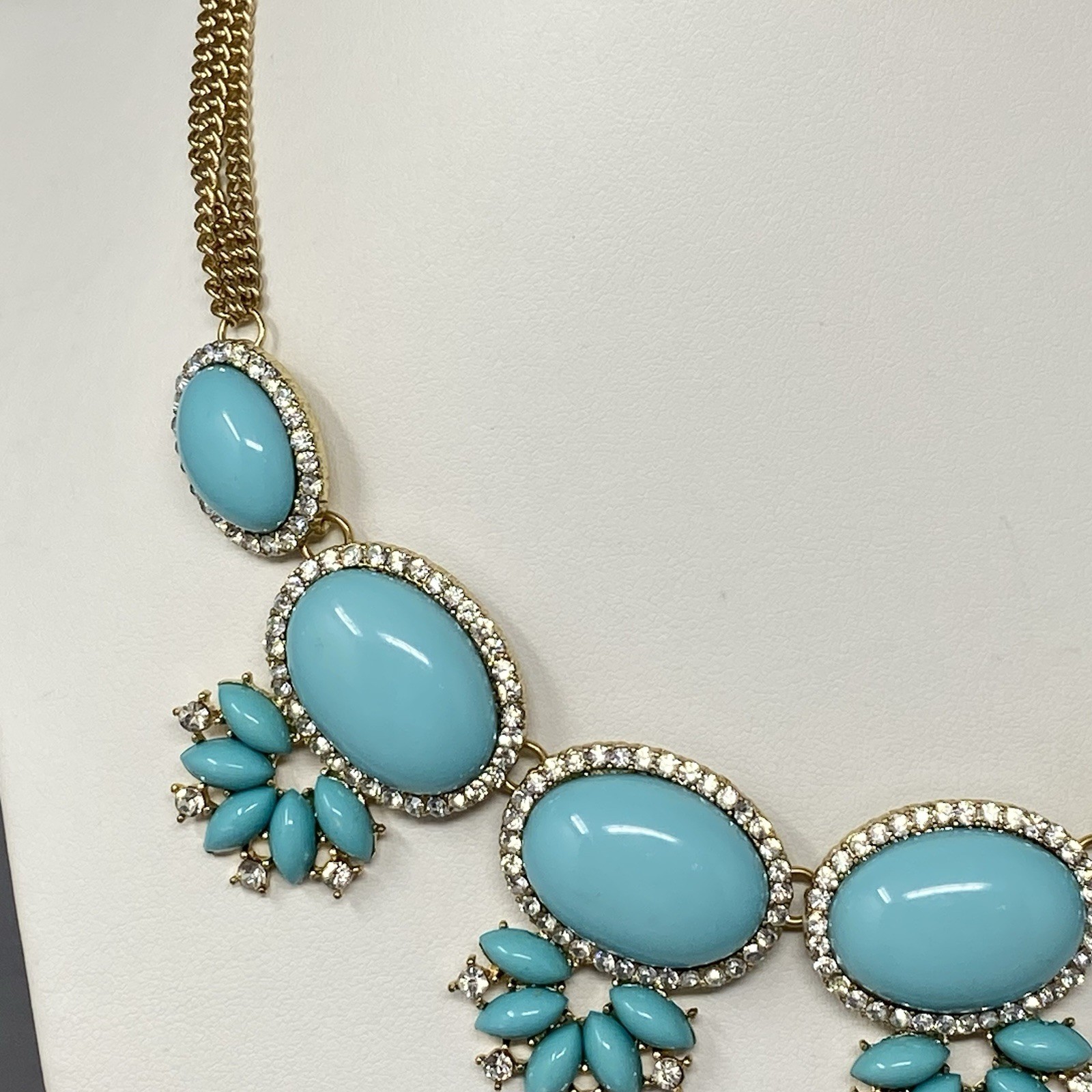 Chunky Statement Necklace Turquoise Cabochons Gold Tone Double Chain Collar 21″