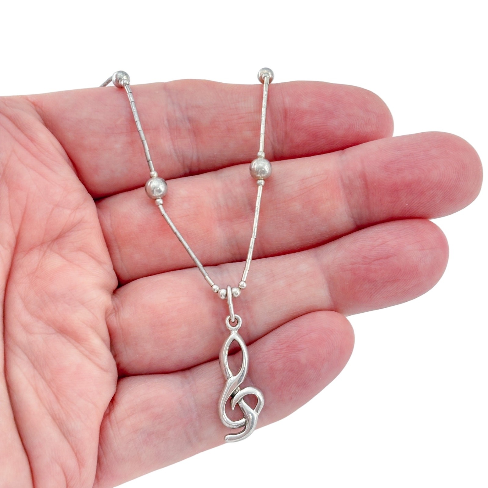 Vintage Sterling 925 Liquid Silver Music Pendant Necklace 17″-18″