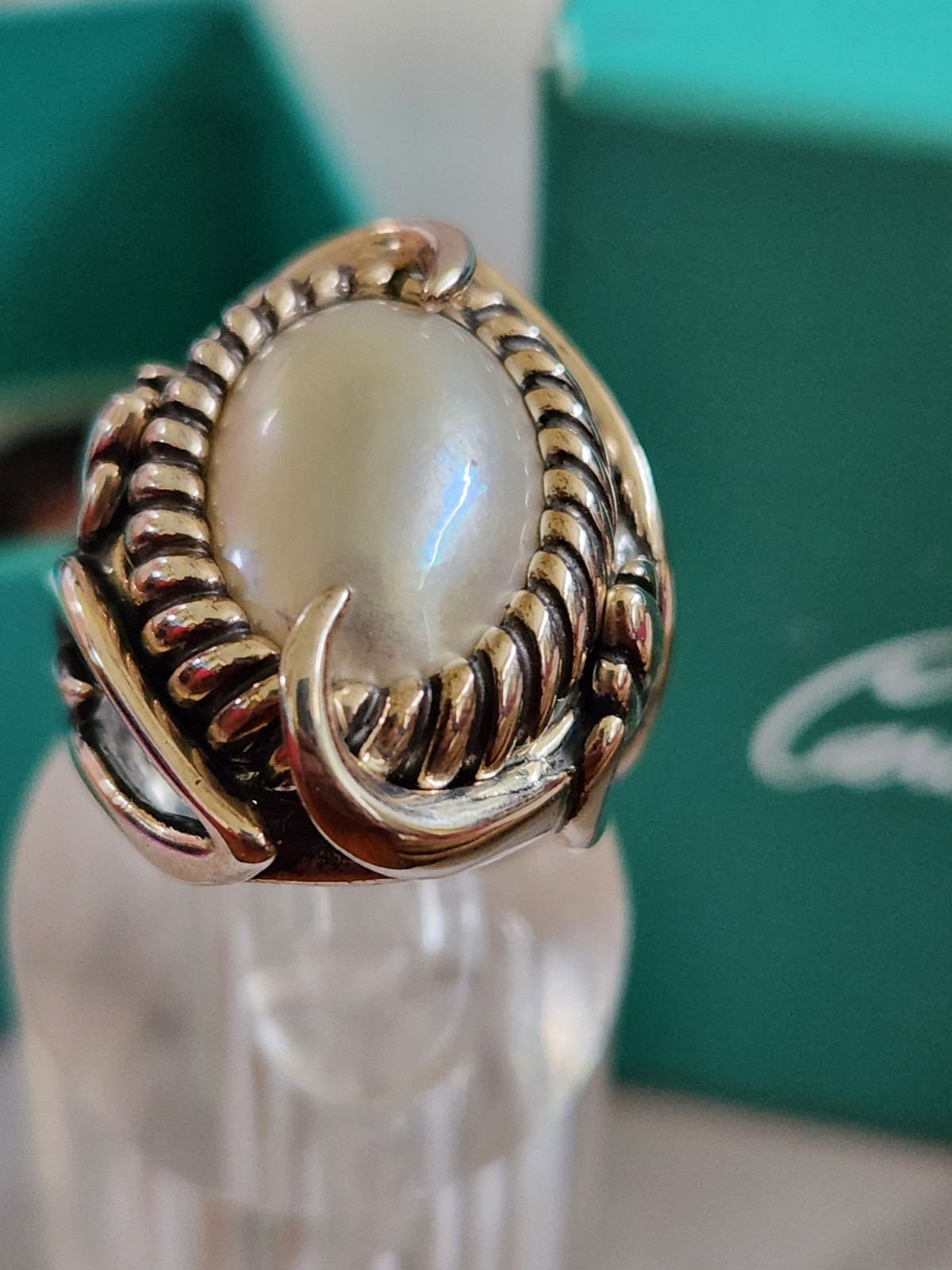 Carolyn Pollack Large Oval Pearl Ring Size 5.4 Box, Bag Sterling Vintage