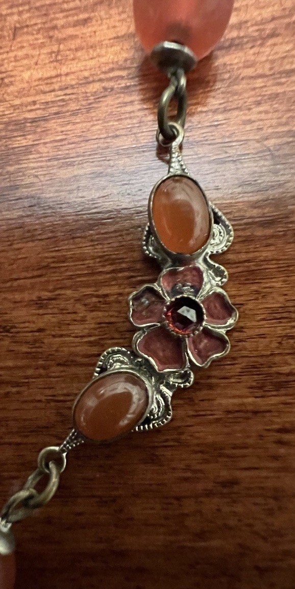 Vintage CZECH Faux Carnelian Glass Enamel Floral Station Pendant Necklace Signed