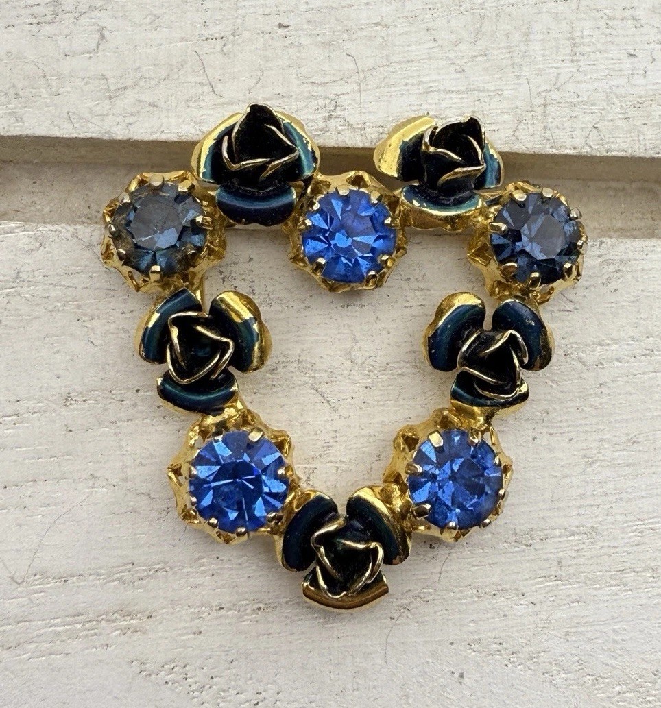 Austrian Brooch Blue Rhinestones Enamel Roses Prong Set Gold Tone Metal VTG