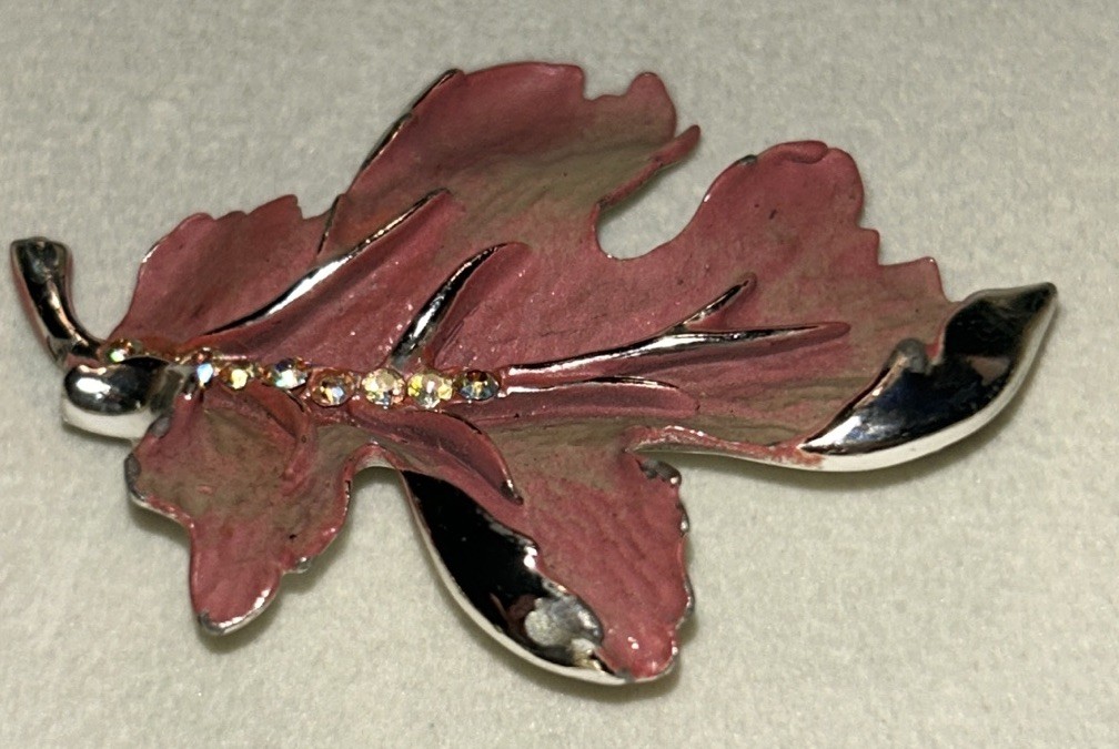 Vintage BSK Autumn Leaf Brooch Brown Rose Enamel AB Rhinestones Silver Tone 1950