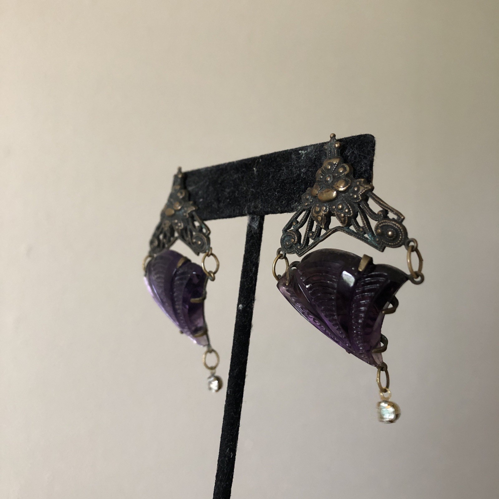 Vintage Glass Works Studio GWS Purple Glass Earrings Victorian Gothic Style 90s