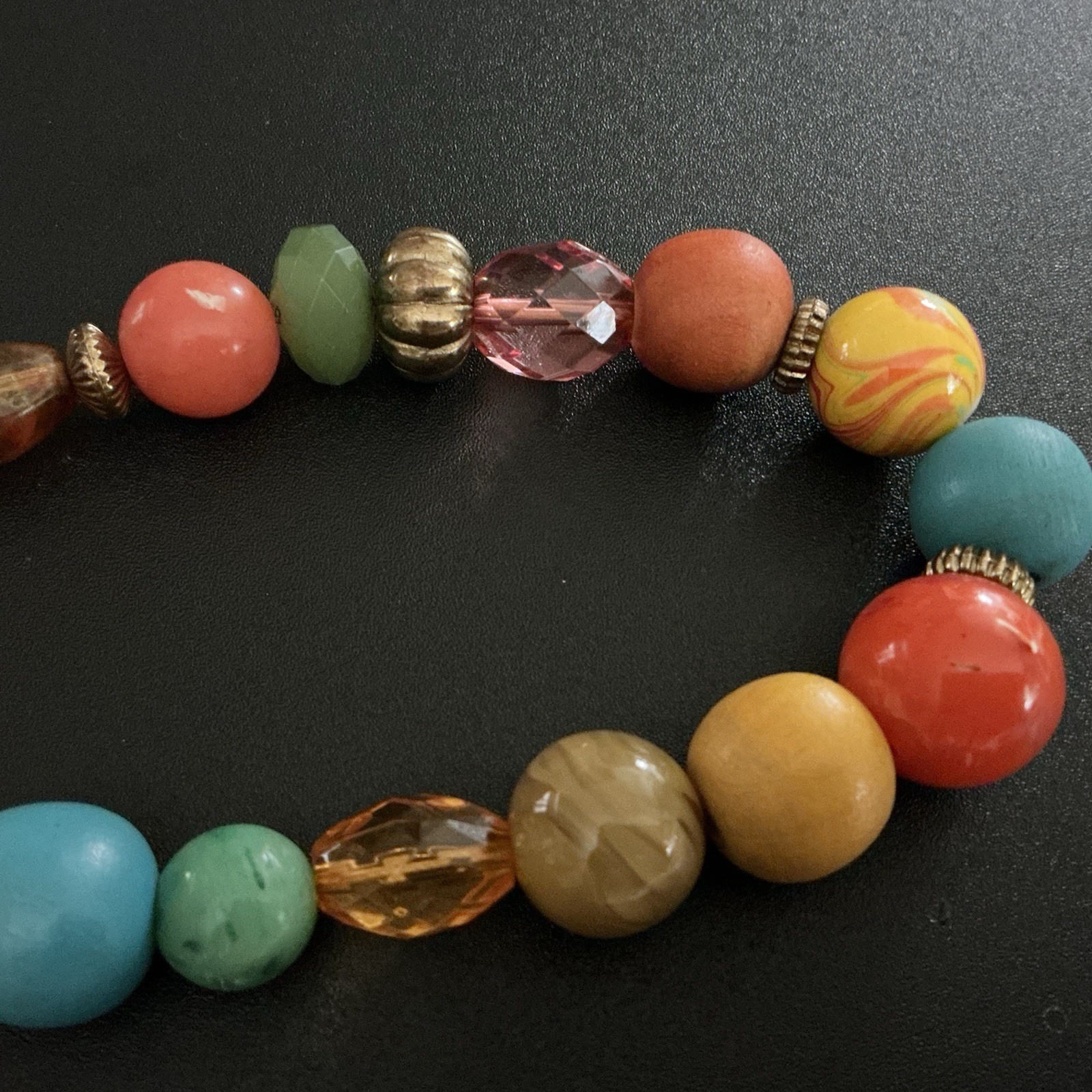 Vtg Necklace 28” Mixed Media Eclectic Beads Glass,Lucite,marble 80s Bohemian