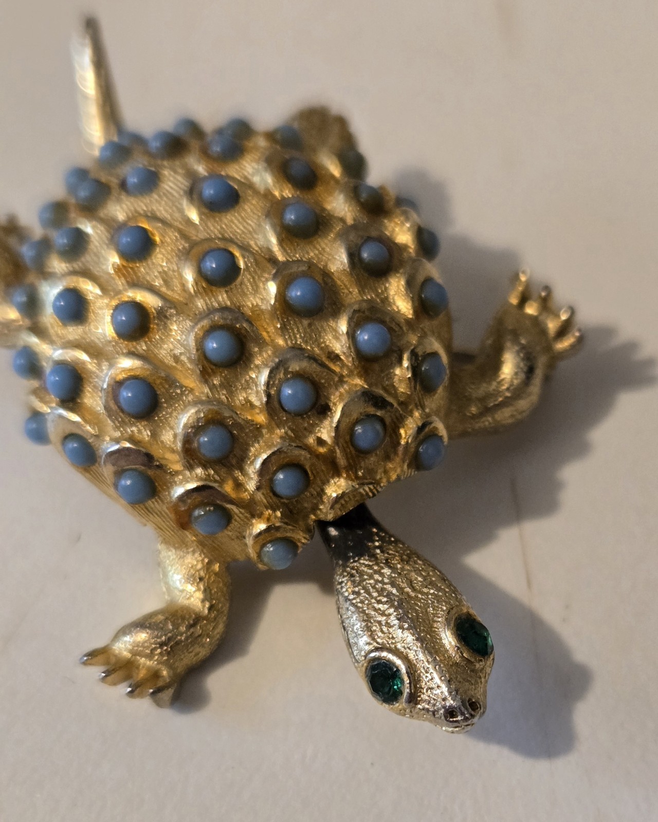 Gold Tone Turtle Blue Cabochons Green Rhinestone Eyes Reticulated Head Brooch
