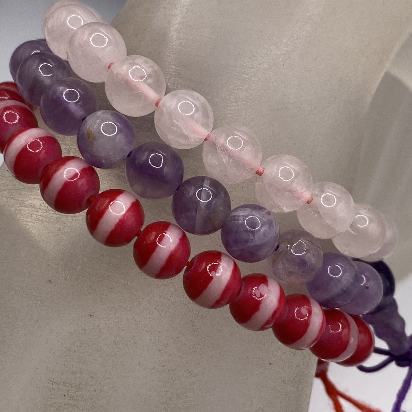 Stone Stretch Bracelet Lot Purple Amethyst Pink Rose Quartz Red Cats Eye Chakra