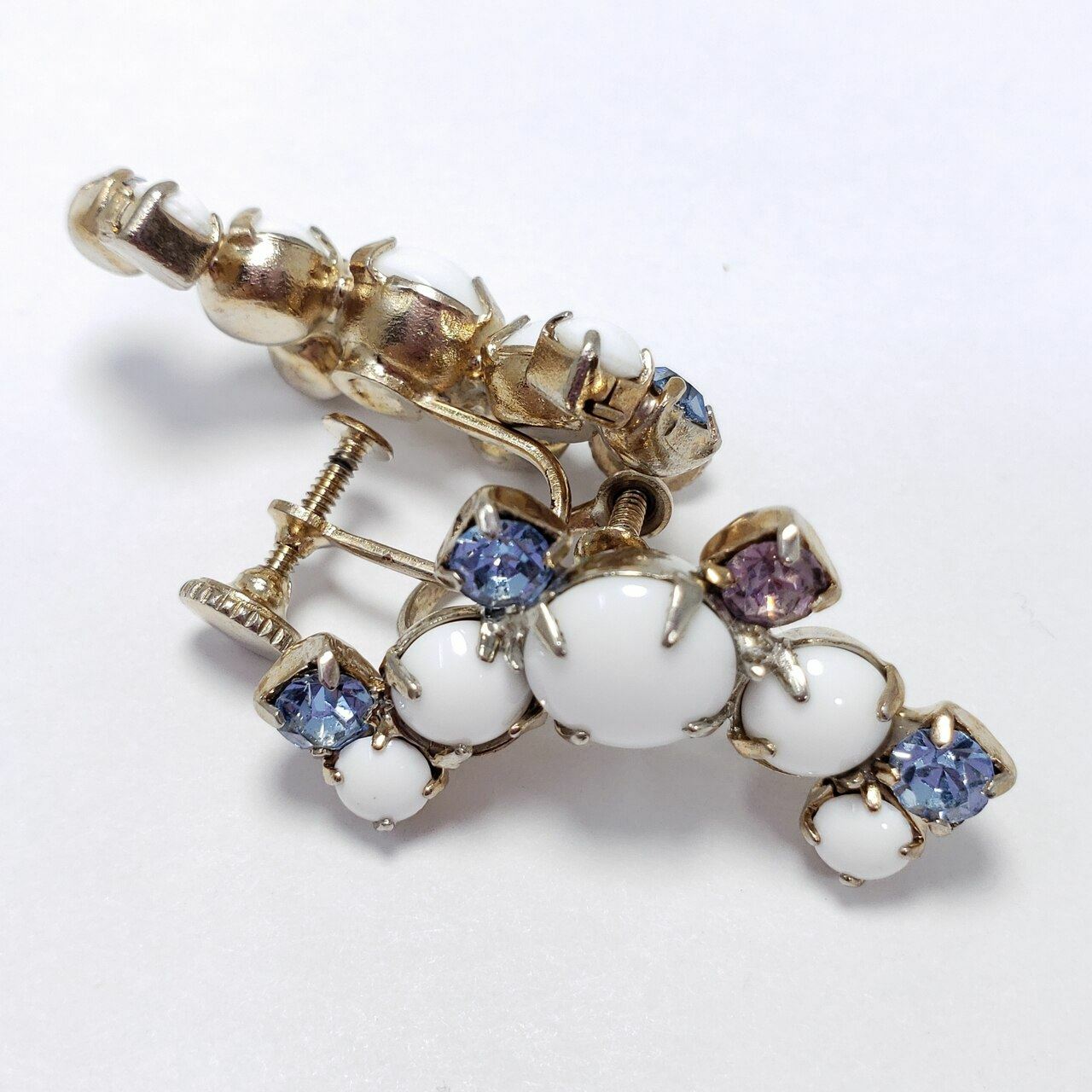 Crescent Blue and Purple Crystals, Resin Cabochon Prong Set Earrings, Light Gold