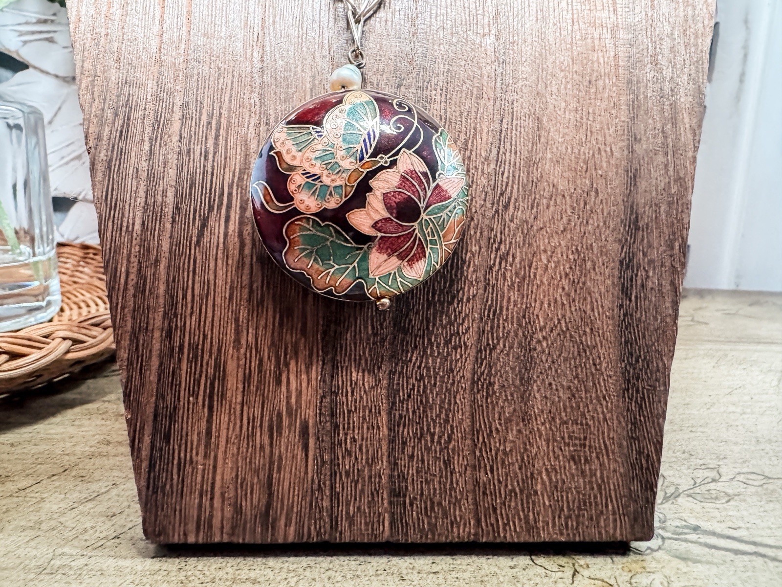 Vintage Cloisonné Butterfly Lotus Pendant Necklace 30” Red Enamel 44g