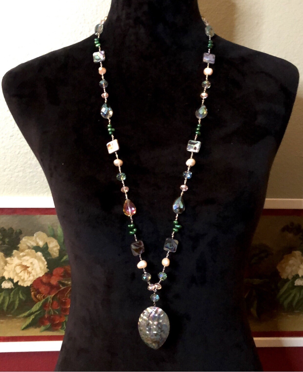 Vtg Blue Green Abalone Paua Shell & Crystal Beaded Pearl Pendant Necklace 925