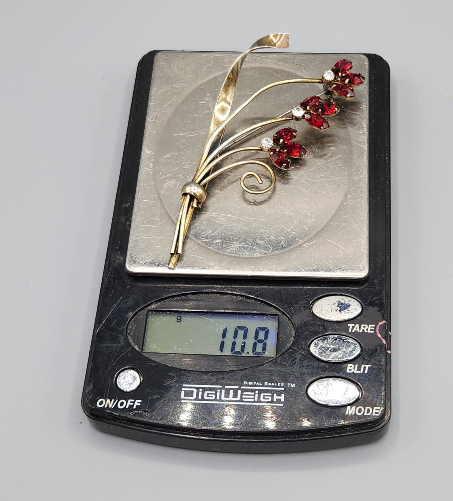Retro Gold Wash Sterling Silver Siam Red Marquise Glass Flower Bouquet Brooch