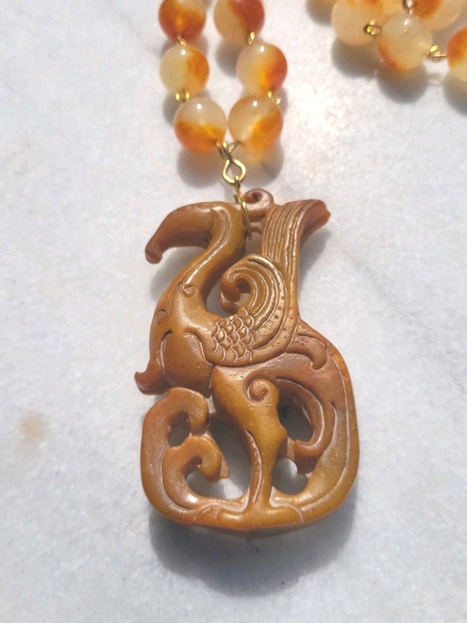 VINTAGE CARVED JADE PHOENIX DRAGON PENDANT JADE GEM BEAD WIRE NECKLACE SET OOAK