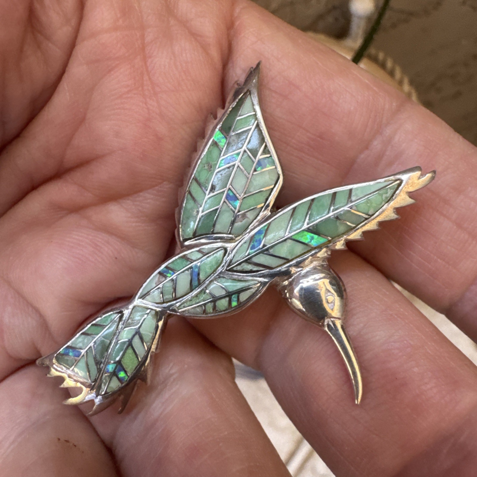 Vintage Sterling Silver Gaspeite+Opal Green Inlay Hummingbird PENDANT or BROOCH