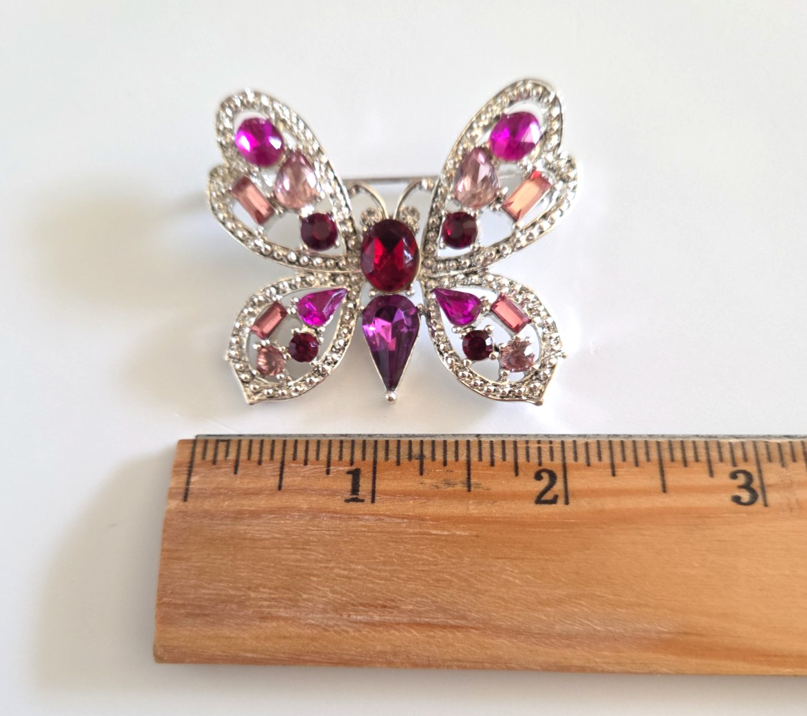 SilverTone Pink Purple Rhinestone GEM Sparkling Shimmering Butterfly Brooch Pin