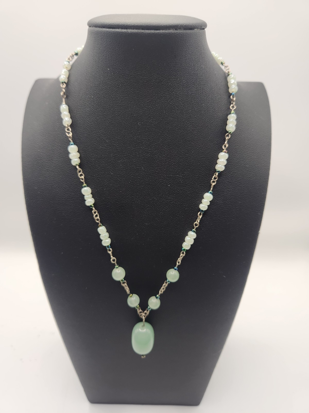 Vintage Artisan Green Bead Necklace with Pendant Drop Chain Design