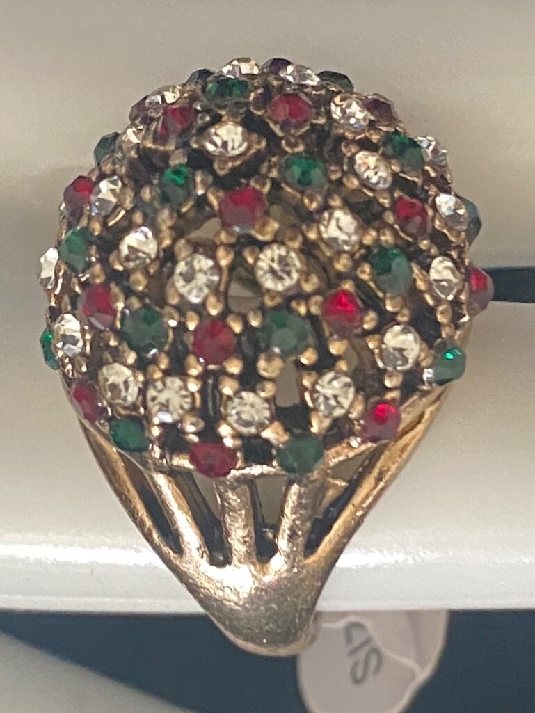Ring Gold Tone Red Green Rhinestone Large statement Cocktail MCM Sz 9