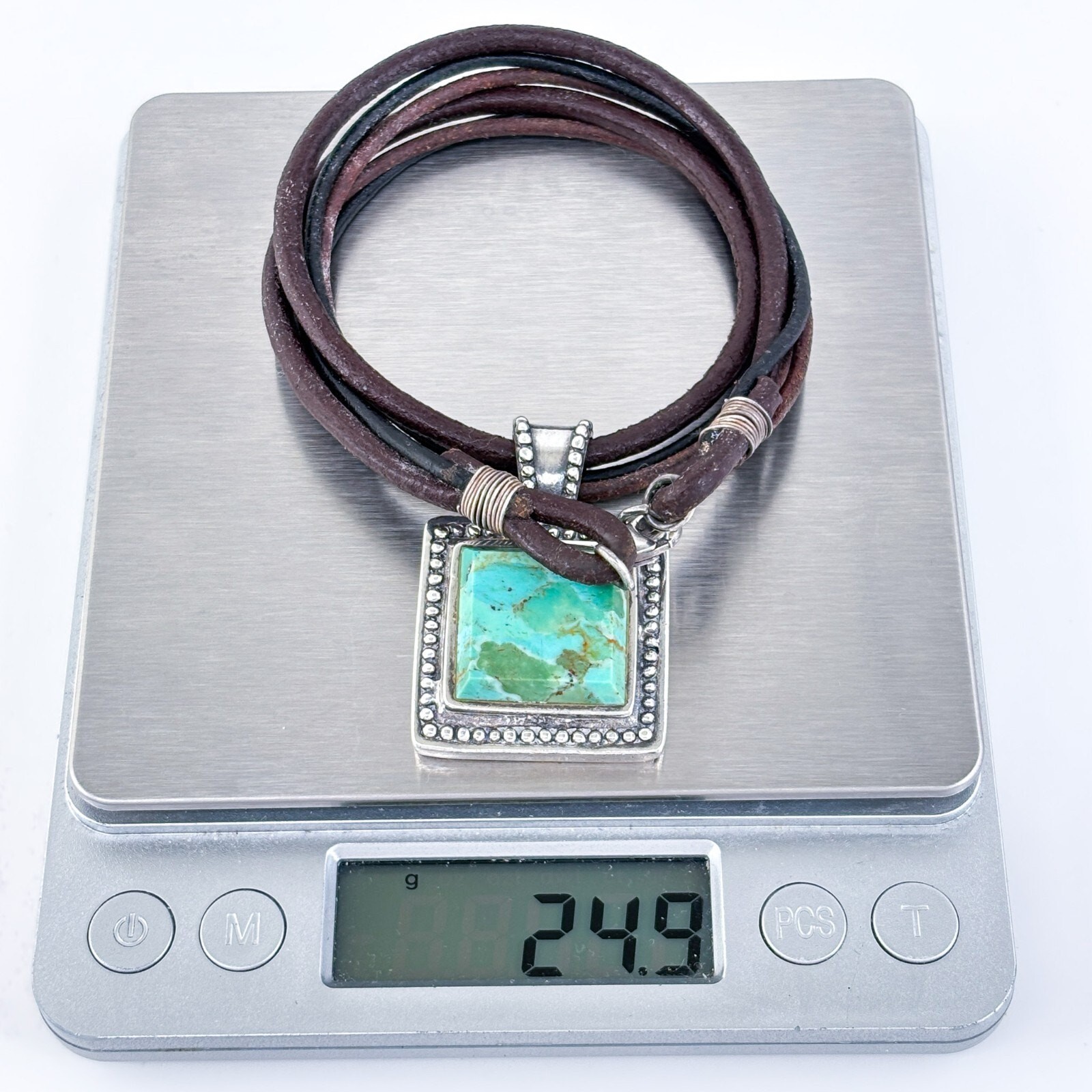 Vintage Sterling Silver Leather Cord Composite Turquoise Pendant Necklace 15.5″