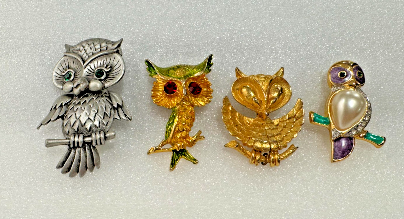 Lot of 4 Vtg Owl Bird Pins Brooches Rhinestones Mixed Metals Articulated Jonette