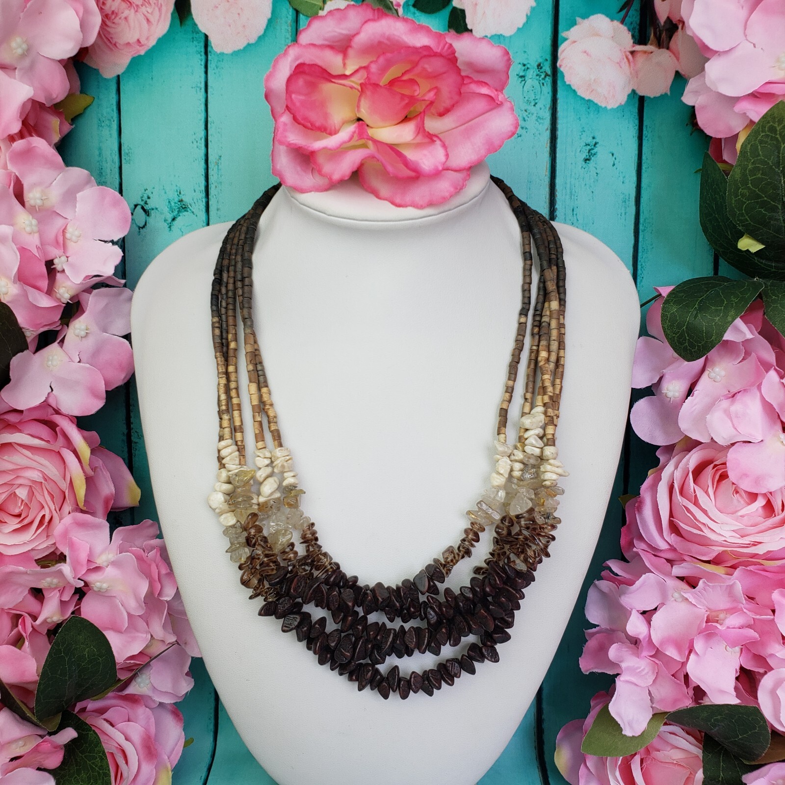 COLDWATER CREEK Quartz Stone & Wood Beaded Multi Strand Necklace Brown Boho