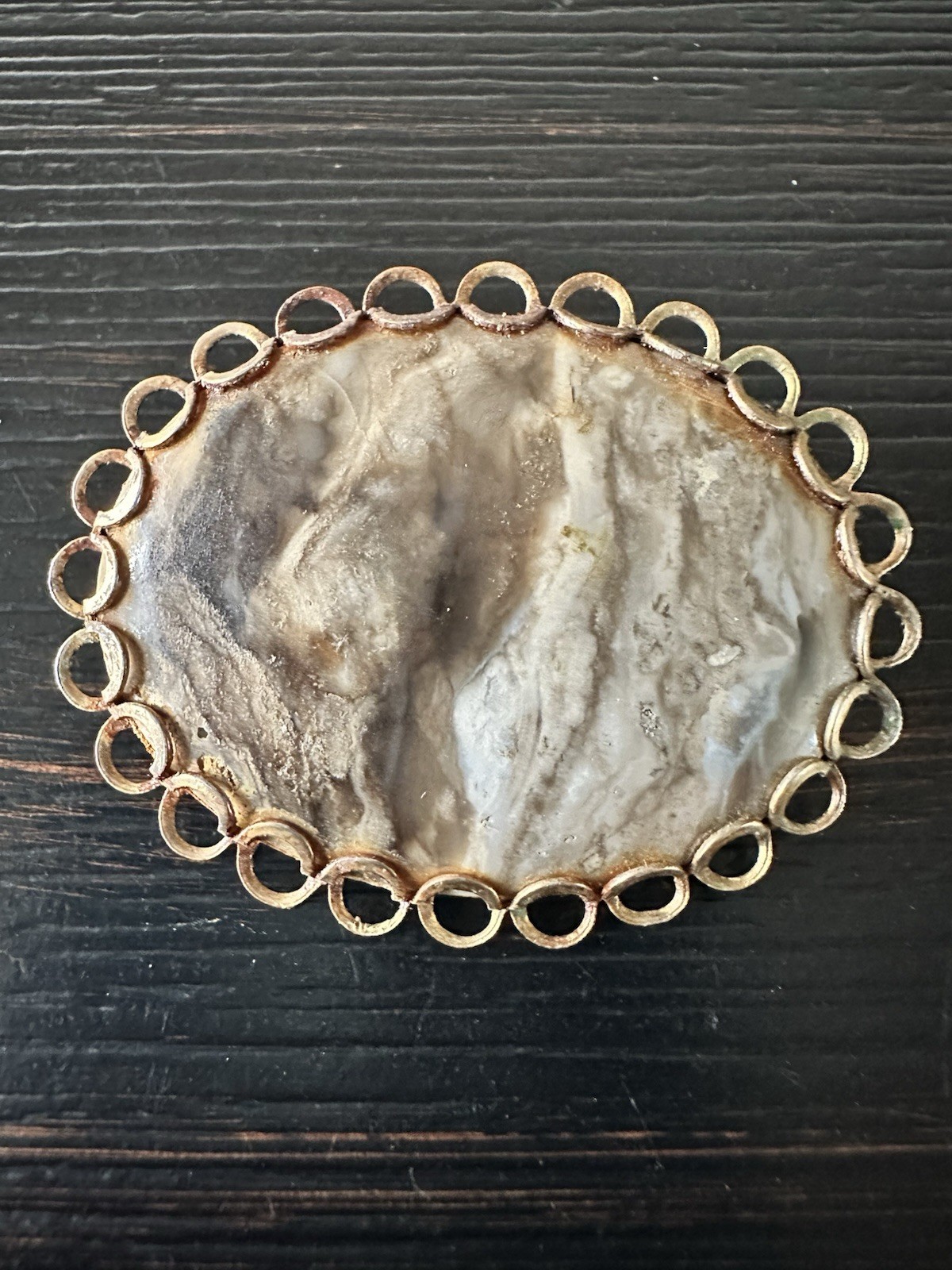 Vintage Oval Brown And White Marbled Polished Stone Cabachon Brooch VGC