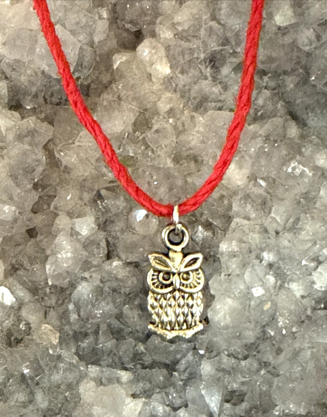 tiny OWL CHARM Dainty Necklace Hemp Cord Boho Festival Tibetan Silver Tone GIFT